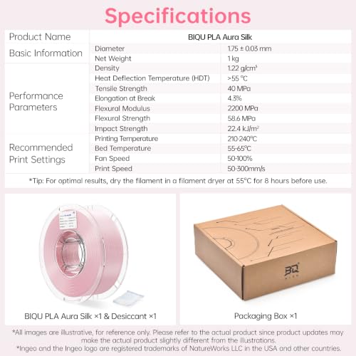BIQU PLA Aura Silk 3D Printer Filament 1.75mm 1KG(2.2lbs) Spool, Pink Silk - color: Pink