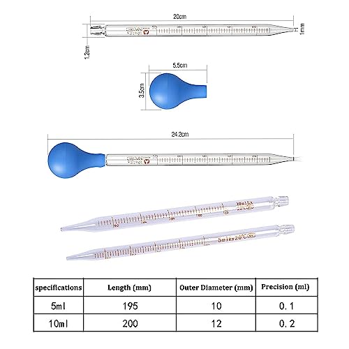 Pipettes with Big Rubber Bulb, 2Pcs Glass Droppers, 1 Cleaning Brush - size: 5 ml Pipettes