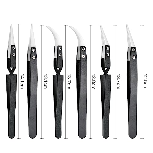 6 Pcs Precision Reverse Ceramic Tweezers Set, Non-Conductive Heat-resistant Electronics Soldering Tweezers Anti-Magnetic Pointed & Curved Tips Tweezers for Solder, Pinching Coils (Black) - color: Black