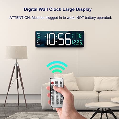 Digital Wall Clock Large Display, 16" with Remote Control for Living Room Gym Shop Warehouse Office Garage Decor, Auto Brightness Dimmer Reloj De Pared with Date Week Temp (Green) - color: Green
