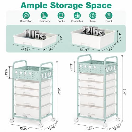 SYKIARIOL Drawer Rolling Storage Cart with Pegboard Top and Hooks, Green, 4-Drawers - color: Green, size: 4-Drawers