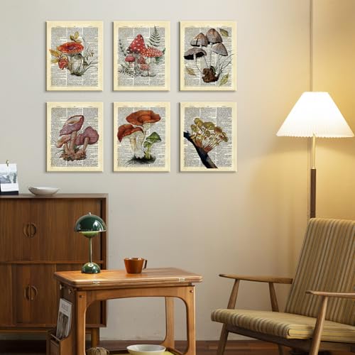 CHDITB Mushroom Wall Art, Mushrooms Dictionary Framed Canvas Wall Art Set, Nature Mushroom Wall Decor, Vintage Fungus Wall Painting, Retro Aesthetic Art Prints For Living Room Bedroom Decor(8X10 Inch) - color: Mushroom, size: 8"L x 10"W