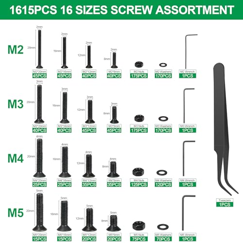 1615PCS Metric M2 M3 M4 M5 Hex Socket Flat Head Screws Countersunk Bolts Assortment Kit with Nuts/Washers,10.9Grade Alloy Steel Thread Hexagon Allen Machine Bolt with 4 Hex Wrenches - style: 1615pcs-FlatScrews