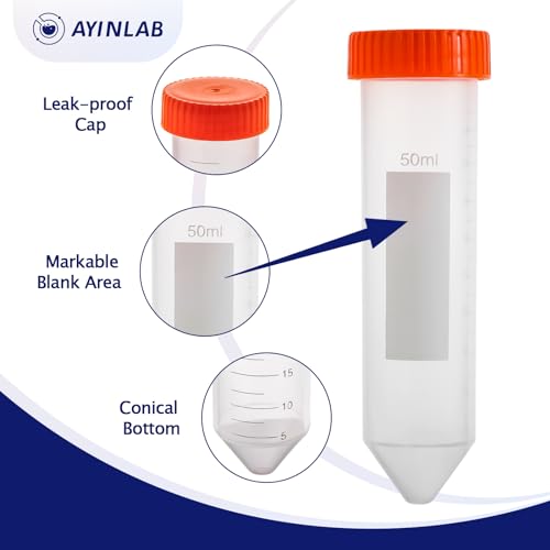 Conical Centrifuge Tubes 50mL, AyinLab Conical Tubes 25pcs, Polypropylene Plastic Test Tubes with Leak-Proof Screw Caps, Graduated and Write Marks, Non-pyrogenic and DNase/RNase Free - size: 50ML-25PCS