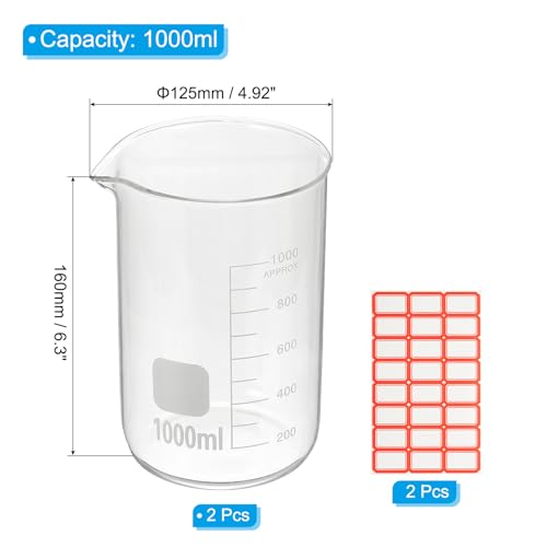 PATIKIL 1000ml Glass Beaker, 2 Pack Measuring Glass Beaker Graduated Borosilicate Lab Cups Mug Low Form Heat Safe Transparent with Spout Label for Laboratory Science Kitchen Liquids - size: 1000ml