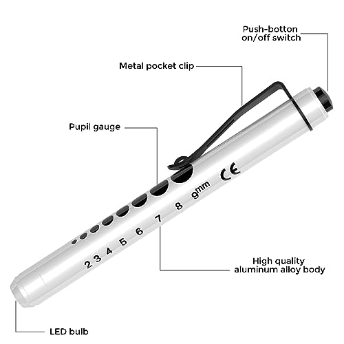 RISEMART Pen Lights for Nurses, 2Pack Reusable Medical Pen Light with Pupil Gauge and Ruler, White Light LED Penlight for Nurse Student Doctors EMT (White/Purple) - color: White and Purple