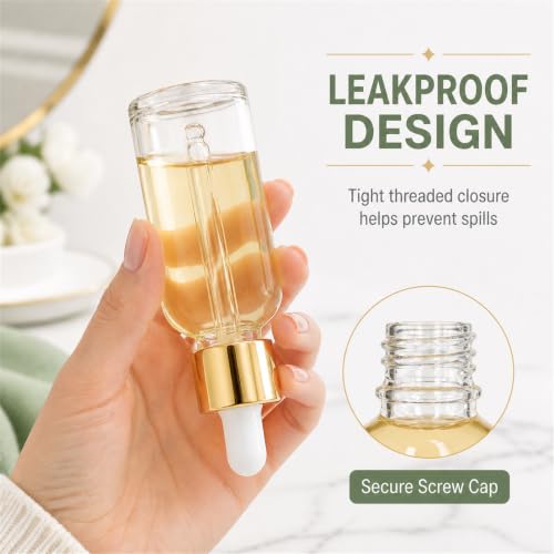 PrettyCare 2 oz Dropper Bottles, 4 Pack Clear Glass Bottles 60ml with Golden Caps, 12 Labels, Funnel & Measured Pipettes-Empty Tincture for Essential Oils & Skincare - color: 2oz Clear, style: 4 Pack