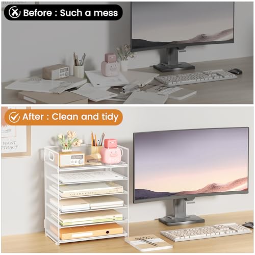 Subekyu 6-Tier Desk Paper Organizer, Desktop File Letter Tray with Handle, Document Sorter and Accessories Holder for Office, Home and School Workspace Organizers, White - 2 Pack - color: 2 Pack 6-tier - White