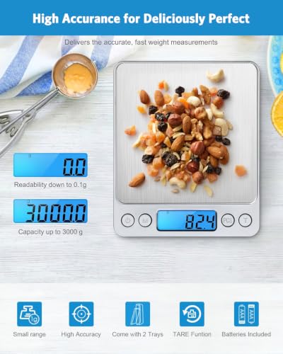 AMIR Digital Kitchen Scale, 3000g 0.01oz/ 0.1g Pocket Coffee Scale, Mini Food Scale, Pro Electronic Jewelry Scale with Back-Lit LCD Display, Tare & PCS Functions, Stainless Steel, Batteries Included - color: Silver
