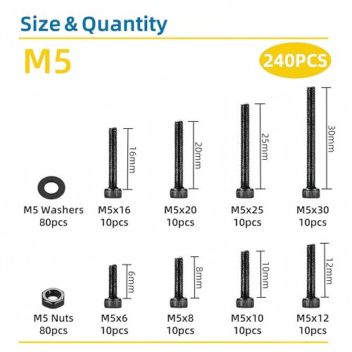 240 Pcs M5 Screws Assortment Kit, M5x6mm/8mm/10mm/12mm/16mm/20mm/25mm/30mm, Metric Hex Socket Head Cap Screws Nuts Washers Kit with Wrench, Black Zinc Plated - size: M5 240Pcs 6mm-30mm