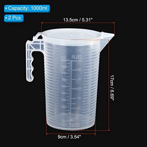 PATIKIL Graduated Beaker, 2 Pack 1000ml PP Plastic Liquid Measuring Cup Double Sided Black Graduations with Handle Lid and Spout for Lab Kitchen Home - size: 1000ml