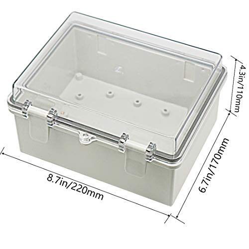 Zulkit 2pcs Junction Box ABS Plastic Dustproof Waterproof IP65 Electrical Boxes Hinged Shell Outdoor Universal Project Enclosure Clear Cover with 2 Cable Glands 8.7 x 6.7 x 4.3 inch (220x170x110 mm) - size: 8.7" x 6.7" x 4.3"(2pcs)