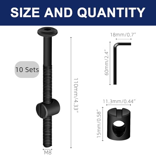 M8 x 110mm Black Flat Head Socket Head Screw Furniture Bolts and Barrel Nuts, with Allen Wrench Perfect for Furniture, 10 Sets - color: Black, size: M8 x 110mm