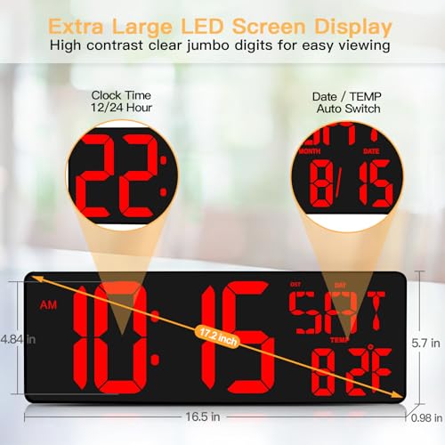 XREXS 17.2 Inch Large Digital Wall Clock with Remote Control - color: Red