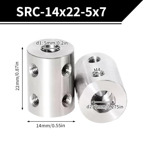 2PCS 5mm to 7mm Bore Rigid Coupling, L22 x D14 Set Screw Shaft Coupler Motor Connector Stainless Steel for 3D Printers, Motor Accessories, RC Boat Car Airplane - size: SRC-14x22-5x7