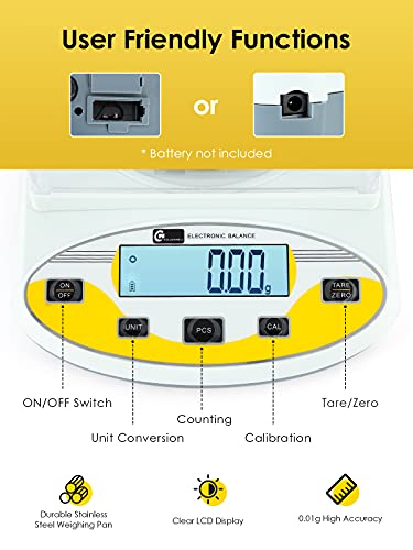 CGOLDENWALL Precision Lab Scale 1000gX0.01g Analytical Electronic Balance Digital Laboratory Scale Precision Jewelry Scales Kitchen Precision Weighing Electronic Scales Calibrated 110V (1000g, 0.01g) - size: 1000g