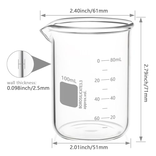 6PCS 100ml Glass Beakers Heavy Duty Beakers, White Double Scale Graduation, Borosilicate 3.3 Glass Lab Beaker, Low Form Griffin Measuring Beaker (6, 100ML) - size: 100ML