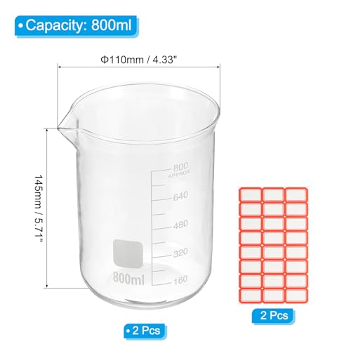 PATIKIL 800ml Glass Beaker, 2 Pack Measuring Glass Beaker Graduated Borosilicate Lab Cups Mug Low Form Heat Safe Transparent with Spout Label for Laboratory Science Kitchen Liquids - size: 800ml