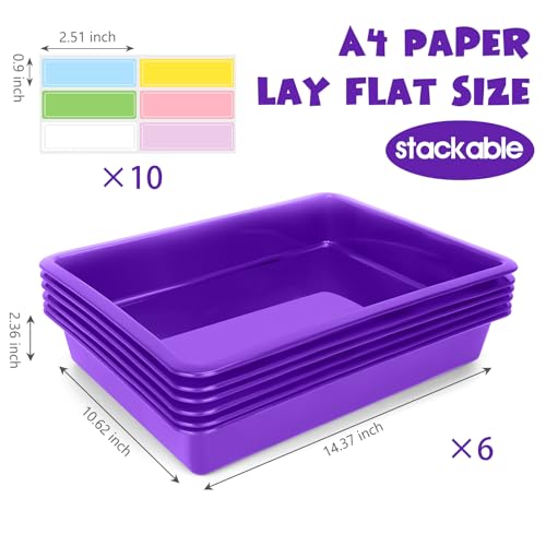 ShineMe 6 Pack Paper Trays for Classroom, Purple Plastic Book Bins with Colorful Labels, Stackable Letter Size Storage Tray, Desk Organizer Tray for Home, School and Office - color: Purple