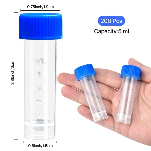 200PCS 5ml Plastic Small Vials with Screw Caps Sample Tubes Cryotubes,PP Material, Free from DNase, RNase, Human DNA
