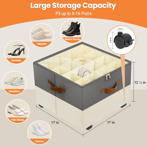 Foyego 2 Pack Shoe Organizer for Closet, with Wheels, Beige and Grey - color: Gray and Beige, size: 17"L x 17"W x 12 ½"H-2 Pack