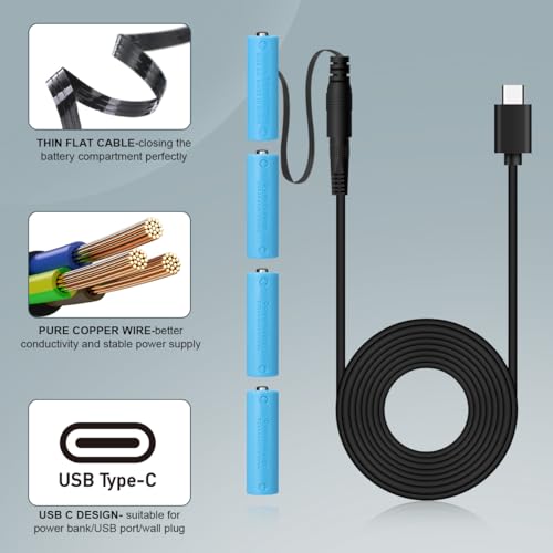 Lenink Type C to DC Power Supply Cable for AA Batteries, Replace 3/4AA Batteries, Transfer Battery Powered Device to USB C (1.8m, Black) - style: 4 AA Batteries-Type C