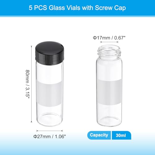 PATIKIL Small Glass Sample Bottles with Lids, 5 Pcs 30ml Clear Glass Vials with Black Screw Caps Mini Leak Proof Reagent Sealed Bottles with Writing Label for Solid Liquid Powder Storage - color: Black/Clear, size: 30ml