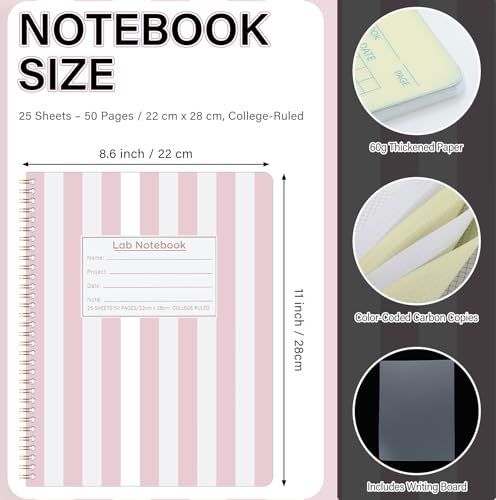 Affrolling Vertical Stripe Carbonless Lab Notebook Student Carbon Copy 8.5'' x 11'' 25 Sets of Pages 53 Pages Total Student Laboratory Chemistry Computation Notebook Scientific Grid Coil Binding(Pink) - color: Pink Stripe