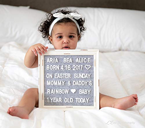 Gray Felt Letter Board Back to School Sign with Rustic Wood White Frame - Grey Farmhouse Letter Board Sign with Stand - Baby Announcement 10x10 Felt Board Changeable Message Board with 350 Letter Set - color: Gray, size: 10x10 inches