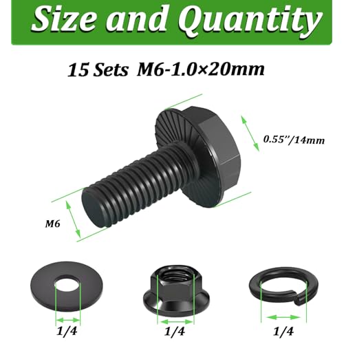 15 Sets M6-1.0 x 20mm Flanged Hex Head Bolts,Flange Nuts,Flat & Lock Washers,10.9 Black Zinc Plated,Full Thread,Alloy Steel - color: Black-flange, size: M6-1.0x20mm(15 sets)