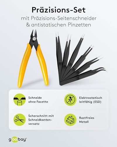 goobay 74095 Tweezers Set of 6 + Precision Side Cutters/Tweezers and Pliers as Watch Tool, Model Making Tool and Small Repairs/Small Tool Set/Preparation Cutlery/Stainless Steel