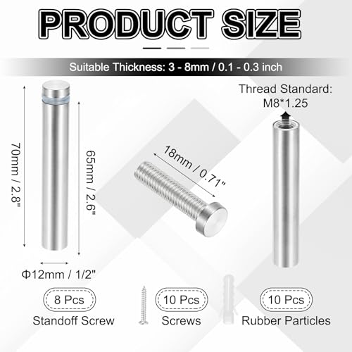 PATIKIL 1/2x2.8" Standoff Screws, 8 Pack Stainless Steel Stand Off Wall Mounts Wall Sign Mounting Hardware Advertising Standoff Nail for Hanging Acrylic Signs Picture Frame, Silver - size: 1/2x2.8"