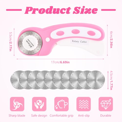 45mm Rotary Cutter with 10 Extra Replacement Blades, with Safety Lock - color: Pink