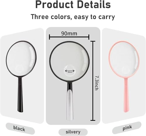 Feosky Handheld Reading Magnifier, 10X Magnifier, 90mm Shatterproof Lens, Adults Close Work Non-Slip Handle for Seniors Reading and Nature Exploration, Insect and Hobby Observation(Pink) - color: Pink, size: 90mm