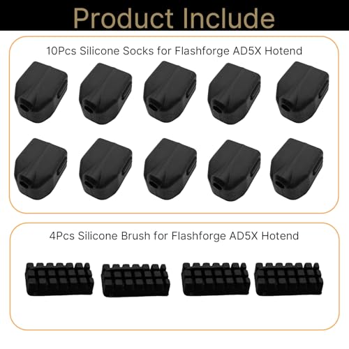 10Pcs Silicone Socks for Flashforge AD5X Hotends, Heater Block Covers Thermal Insulation Sleeves 3D Printer Replacement Parts (with 4Pcs Silicone Brushes)