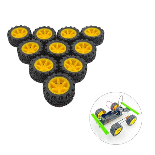 10PCS Toy Car Wheel Rubber Wheel with 5PCS Round Rod Shaft Axles for RC Car Truck Robot DIY Model Toy Parts (2x34mm Yellow) - style: 2x34mm Yellow