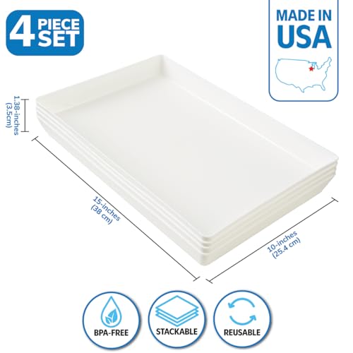 US Acrylic White Plastic Serving Trays (Set of 4) 15” x 10” | Large Unbreakable Reusable Rectangular Party Platters | Serve Appetizers, Fruit, Veggies, & Desserts | BPA-Free & Made in USA - color: White