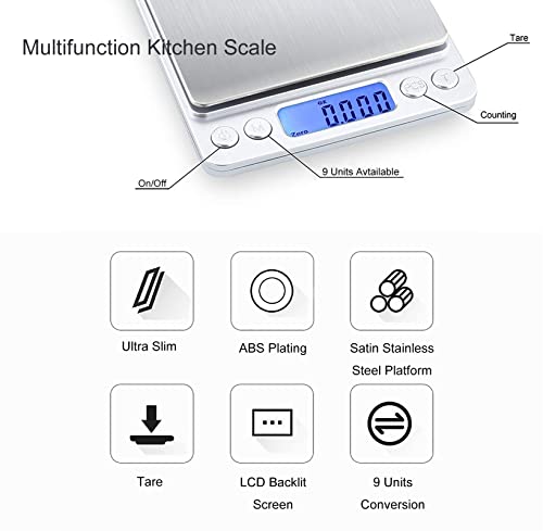 Food Scale Digital Weight Grams and Ounces, 0.001oz/0.01g 500g Kitchen Scale for Food with Backlight LCD Display, Tare, 9 Units, Auto Off, 2 Trays, Batteries Included - Stainless Steel - size: 500g/0.01g
