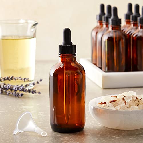 Juvale Amber Glass UV-Protected Amber Dark Glass Bottles with Droppers for Essential Oils & Travel Liquids - 4 Oz, 15-Pack, Apothecary Style - Leak-Proof Dropper Bottle Set with 6 Funnels