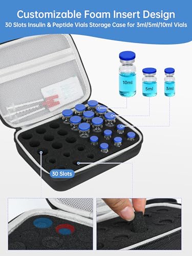 30slots Peptide Case for Fridge, Insulin & Peptide Vials Storage Case for 3ml or 10ml Vials, Space for Alcohol Wipes, Needles & Syringes, Adjustable Peptide Vial Storage Holder by KNOCKO - color: 30-slots (Black)