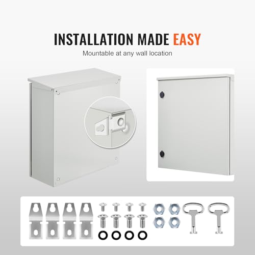 VEVOR Electrical Enclosure, 24'' x 24'' x 8'', NEMA 4 Outdoor Enclosure, IP65 Waterproof & Dustproof Cold-Rolled Carbon Steel Hinged Junction Box for Outdoor Indoor Use, with Rain Hood - size: 24'' x 24'' x 8''
