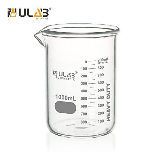 ULAB Heavy Duty Glass Beakers, 2pcs of Vol.1000ml(33.8oz), Borosilicate 3.3 Glass, Thick Wall Beakers, with Double Scale, Superior Durability & Chemical Resistance, UBG1065 - style: 2pcs of Vol.1000ml