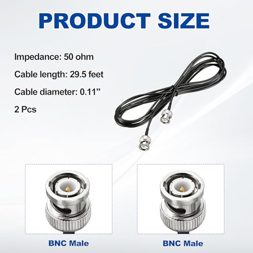 uxcell BNC Male to Male Coaxial Jumper Cable 50 Ohm 29.5 Feet RG174 2pcs - size: 29.5 Feet