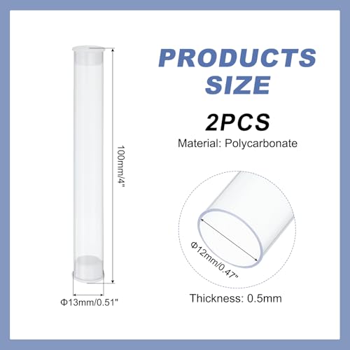 PATIKIL Clear Rigid Tube Round Plastic Tubing with End Caps Polycarbonate Water Pipe, 100mm/4 Inch Length, 12mm x 13mm/0.47" x 0.51", 2 Set