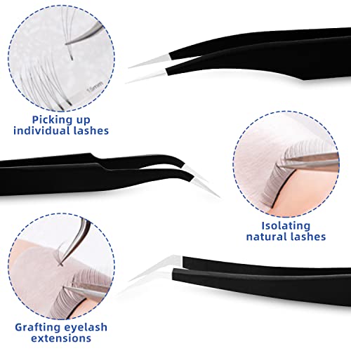 HengTianMei 8Pcs lash tweezers 3 Stainless Straight and 3 Curved Tip Eyelash Tweezers, With 2 Slant Pointed Precision Eyebrows Tweezers for eyelash extensions, Facial Hair, and Ingrown Hair Removal - size: 9PCS