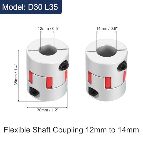 uxcell D30 L35 12mm to 14mm Flexible Plum Shaft Coupling Aluminum Motor Connector Flexible Spider Coupler for 3D Printer CNC Machine and Servo Stepper Motor (Silver Tone/Red)