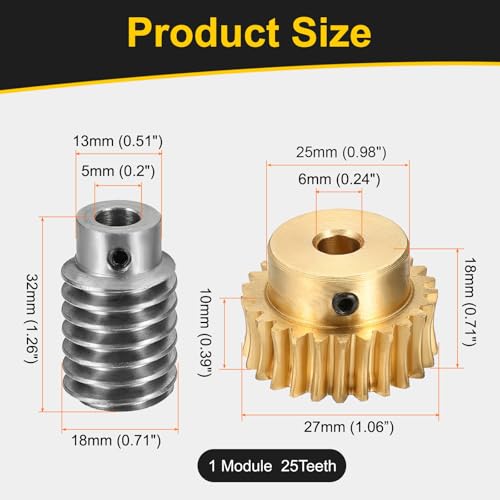 uxcell Worm Gear Set Right Rotation 25T 1 Module 25:1 Reduction Rate - size: Gear-6mm, Worm-5mm Bore, style: 1M-25T