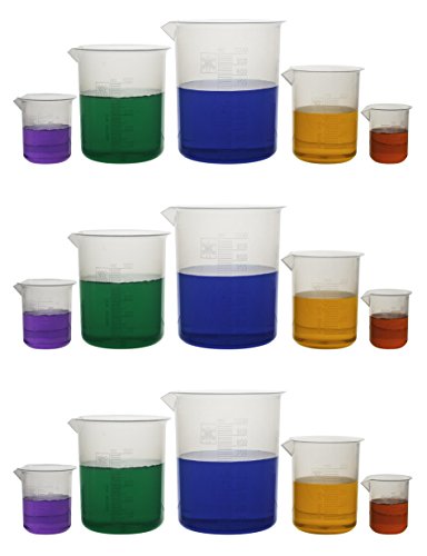 hBARSCI Laboratory Plastic Beaker Set of 15, Made of Premium Polypropylene with Raised Graduations - 3 of Each 50mL, 100mL, 250mL, 500mL, and 1000mL (Autoclavable)