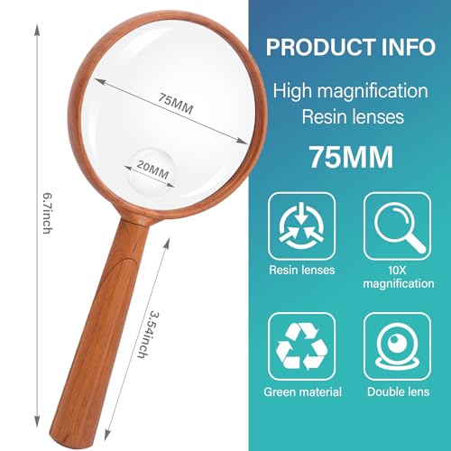 Feosky Handheld Reading Magnifier, 10X Magnifier, 75mm Shatterproof Lens, Adults Close Work Non-Slip Handle for Seniors Reading and Nature Exploration(Wood Grain) - color: Wood Grain, size: 75mm