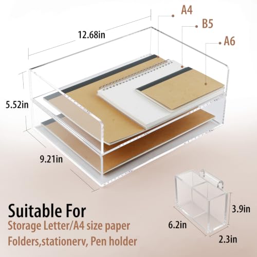 2 Pack Acrylic Paper Tray and Pen Holder Organizer for Desk Clear File Organizer,Acrylic Desk Organizers and Accessories Sorter,Perfect for File Paper, Ipad, Letter, A4 Office File, Books, Notes. - style: 2 Tier Trays+penholder